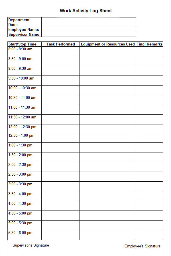 Editable Work Activity Log Template