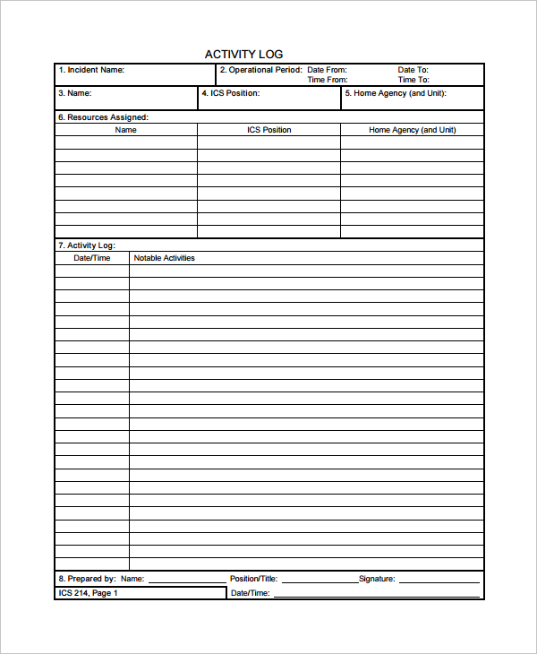 emergency preparedness activity log template