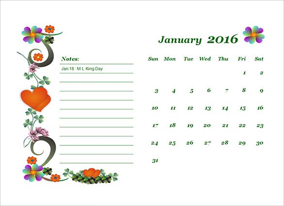 flower designed 2016 monthly calendar landscape te