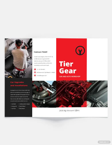 free car and automotive workshop bi fold brochure template