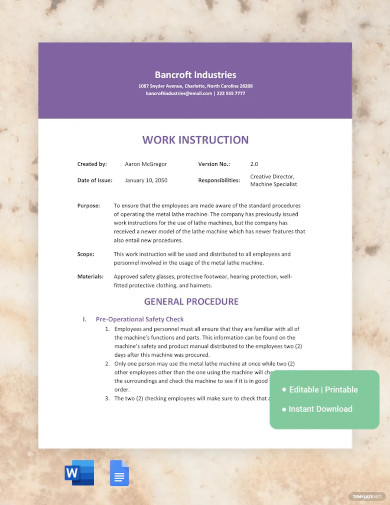 free work instruction sample
