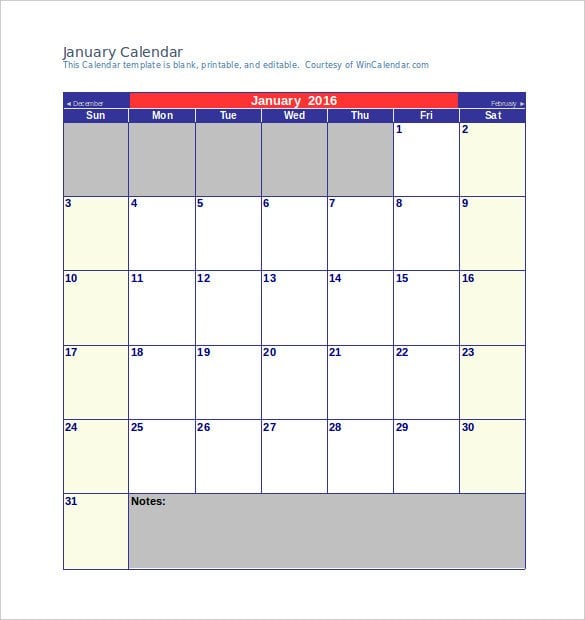 january 2016 calendar template word doc download