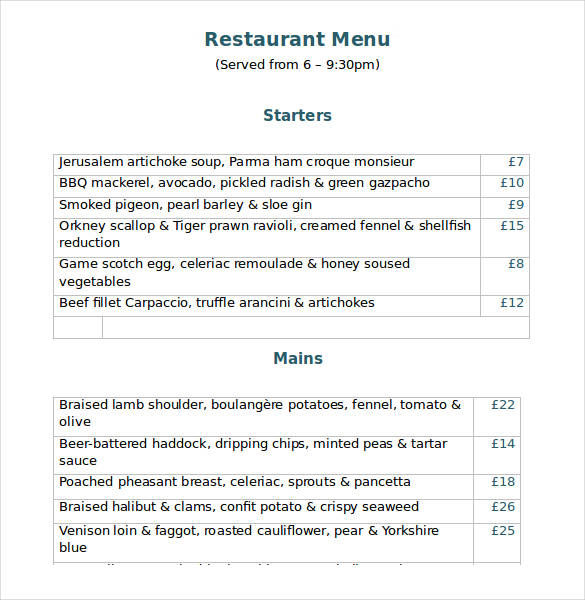 Word Menu 32 Free Templates Download