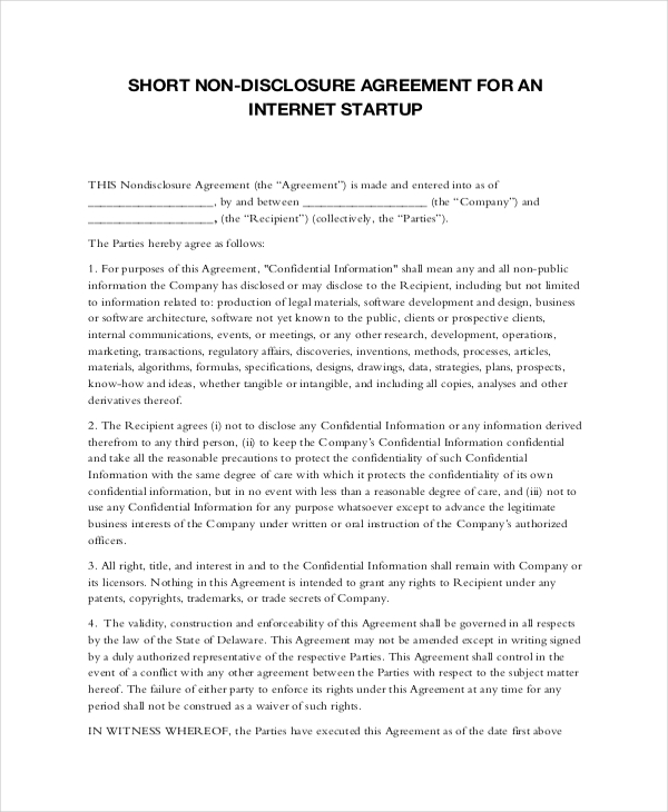 short non disclosure agreement for an internet startup