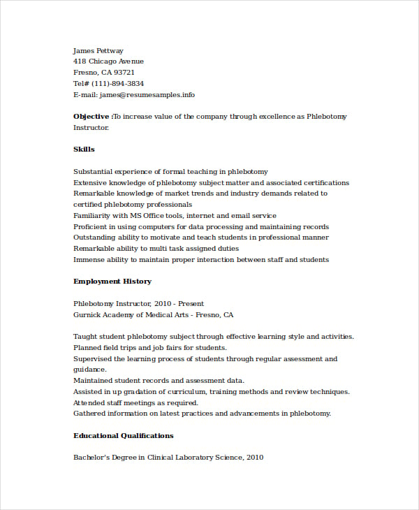6+ Phlebotomy Resume Templates - PDF, DOC