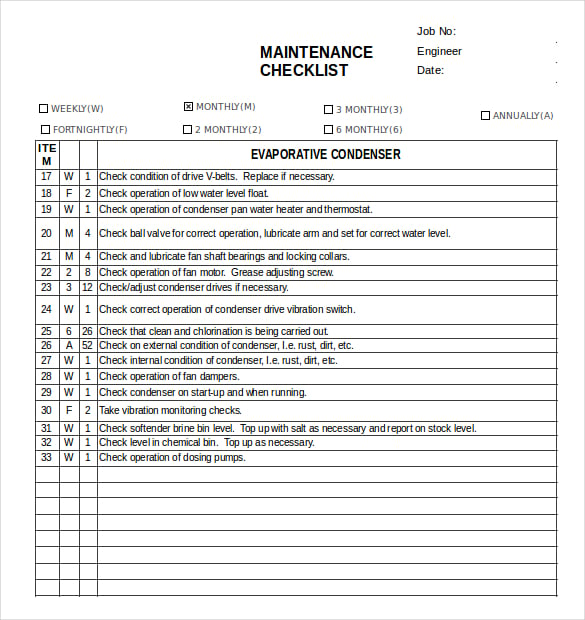 excel format of maintenance checklists template download
