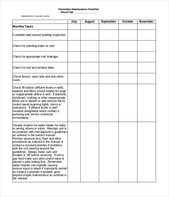 Preventive Maintenance Checklist Template Excel Free