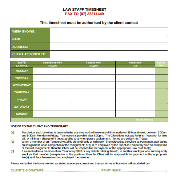 law staff timesheet template in pdf format