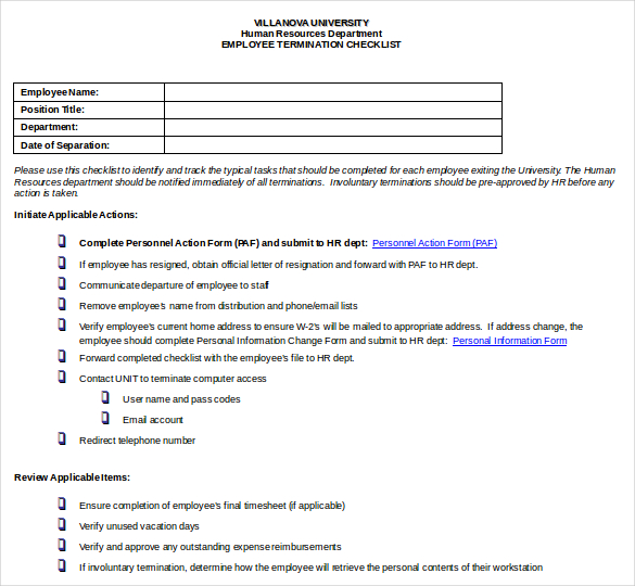 employee termination checklist doc format download