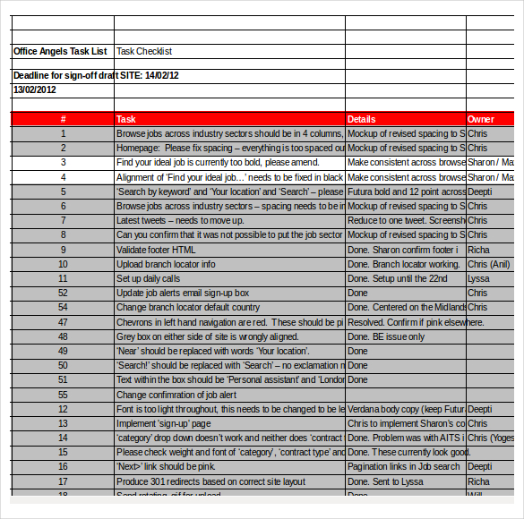 task checklist excel format template download