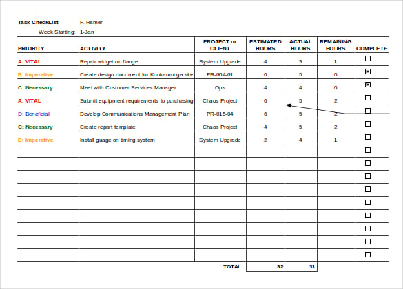 weekly task checklist excel format template download