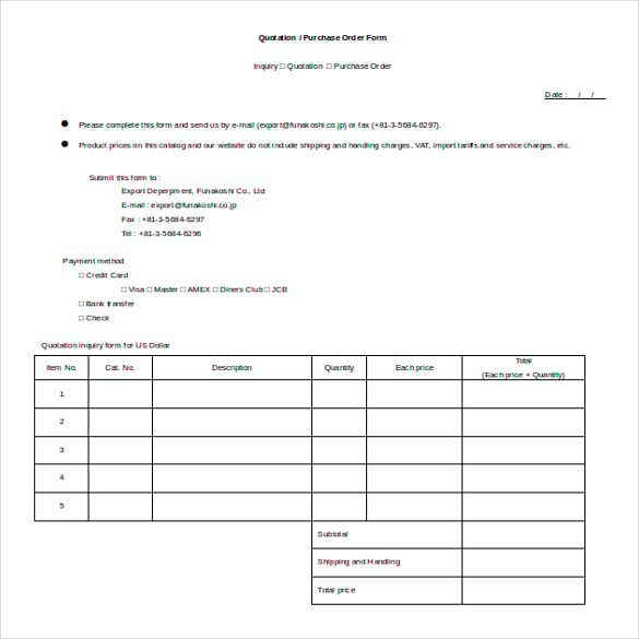 quotation inquiry form for us dollar free word template download