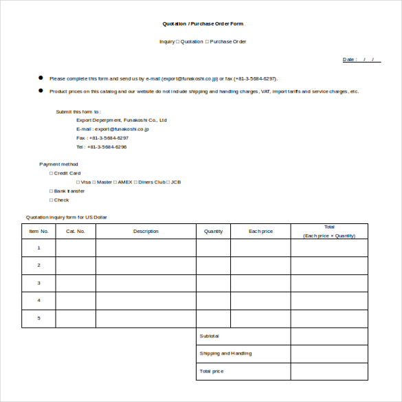 quotation inquiry form for us dollar free word template download