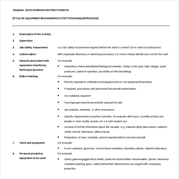 safe working instruction template free ms word format download