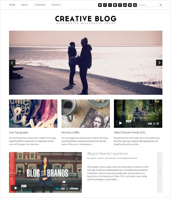 creative blog wordpress video responsive template