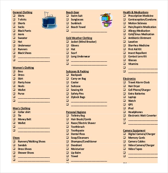 travel packing check list template in pdf