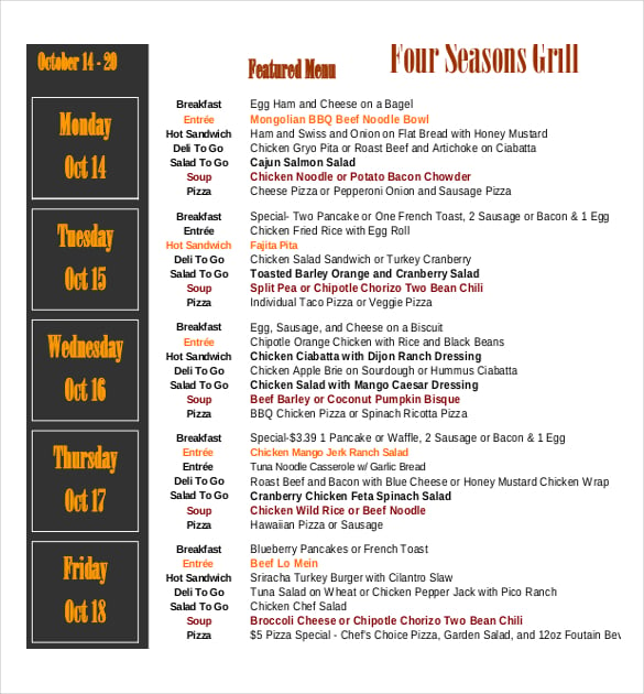 college canteen menu pdf template download