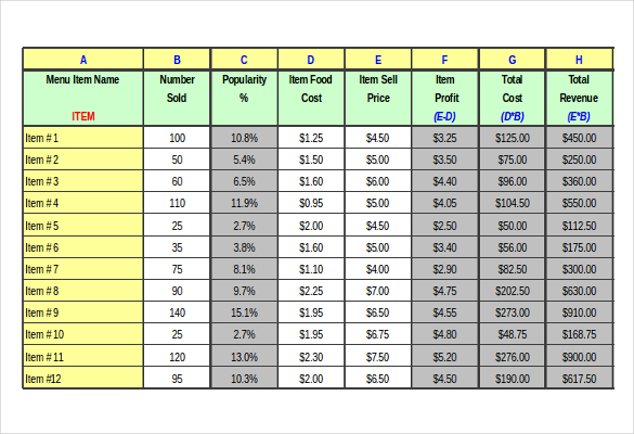 menu excel template