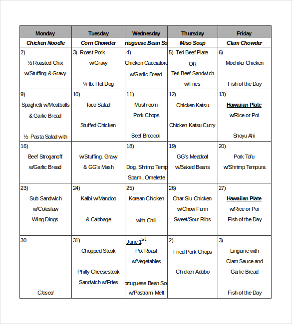 Restaurant Menu Excel Template