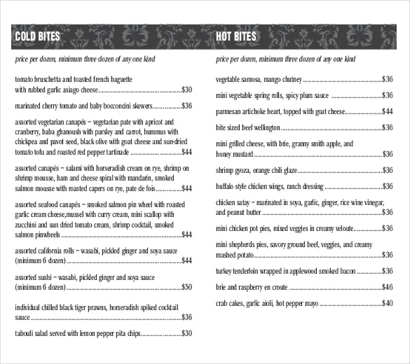 wedding menu template free pdf document download