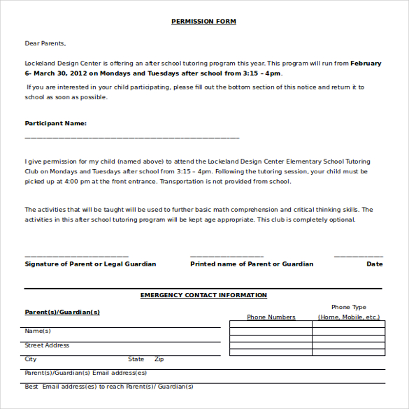 free download permission slip ms word format template