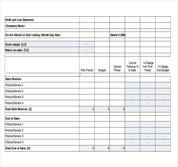 profit and loss statement template xls download