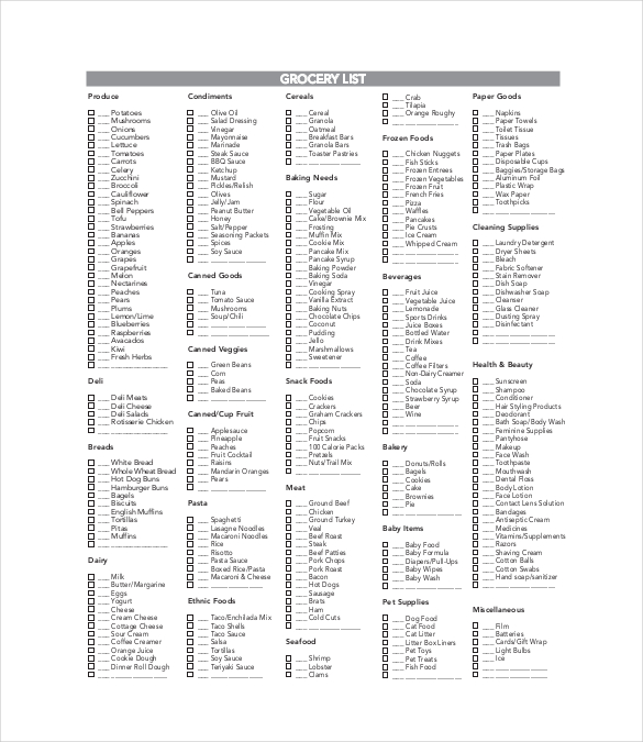 Grocery List Template Google Sheets