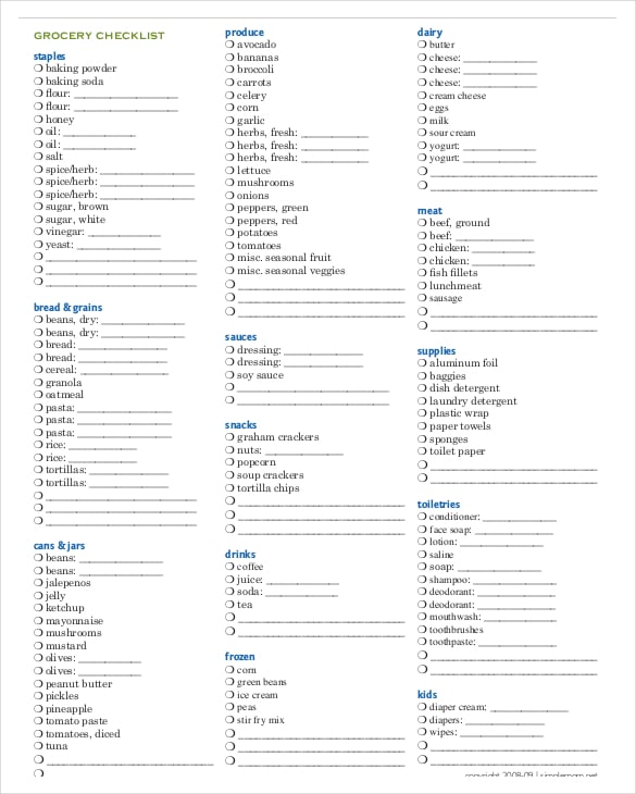 grocery checklist pdf format free download