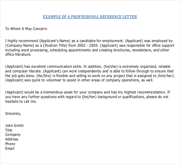 Reference Letter Format For Job In Word