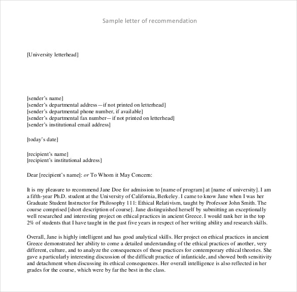 sample recommendation letter free pdf download