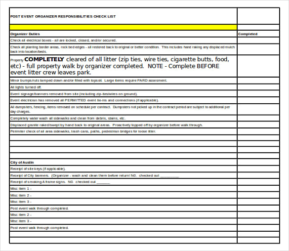 post event checklist excel format template download