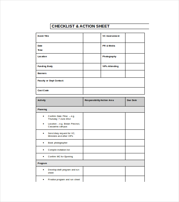 event action sheet blank checklist template doc format template download