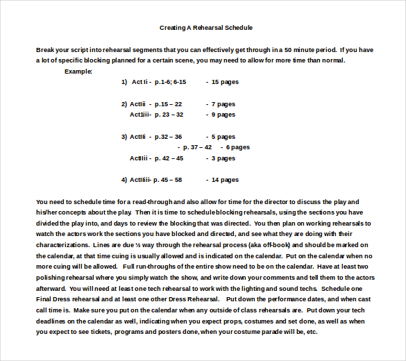 ms word format creating a rehearsal schedule free template