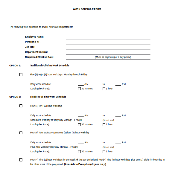 work schedule form template free ms word format