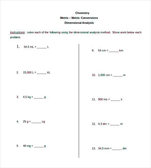 metric conversion chart for chemical measurements