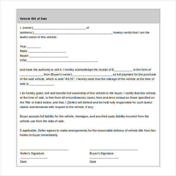 ms word format vehicle bill of sale template