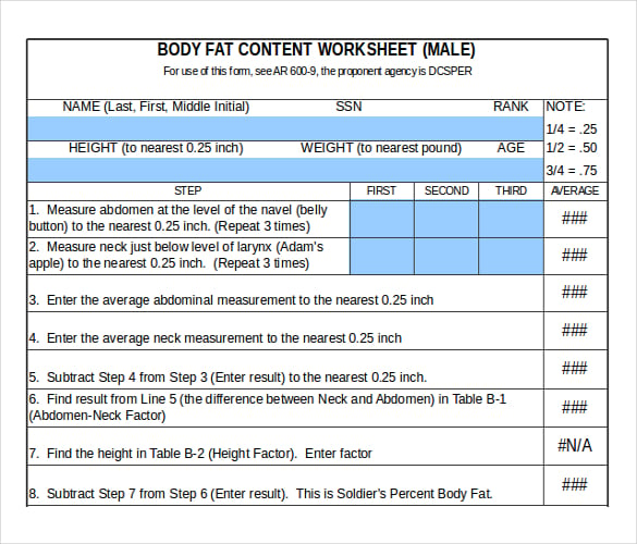 Body Fat Chart Templates 6+ Free Excel, PDF Documents Download Free
