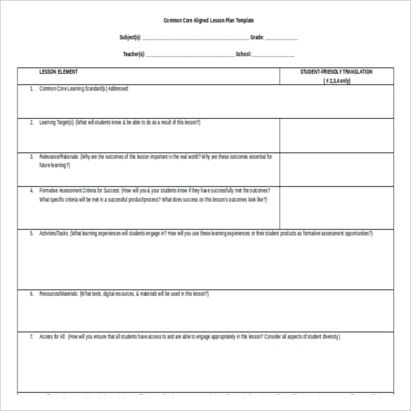 common core aligned lesson plan template free word
