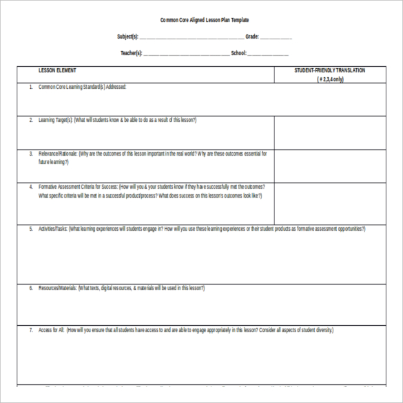 Common Core Lesson Plan Template Word