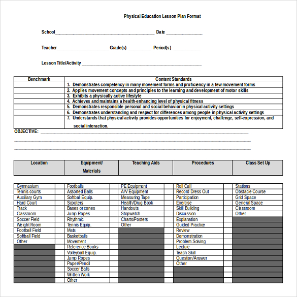 free download physical education lelsson plan word template