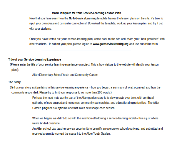 free word format service learning lesson plan template