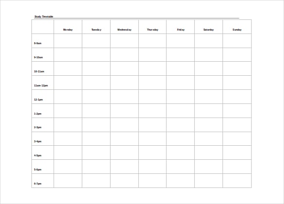 study timetable calendar template word format