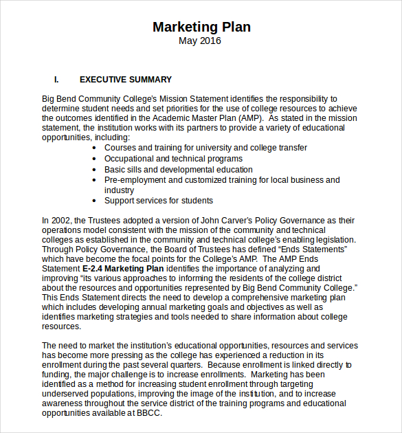 Marketing Plan For Small Business Template