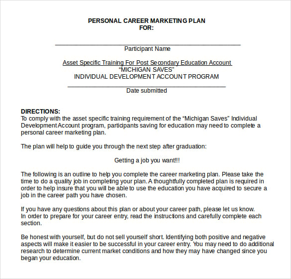 personal career marketing plan template in doc format
