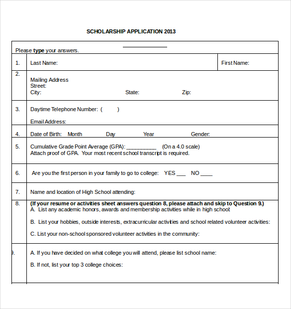 scholarship sample form school application high Application Scholarship Free Templates PDF,   DOC  13