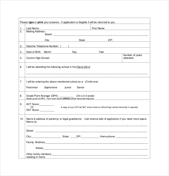 example application scholarship form of a Free   PDF,  Scholarship Application  13  DOC Templates