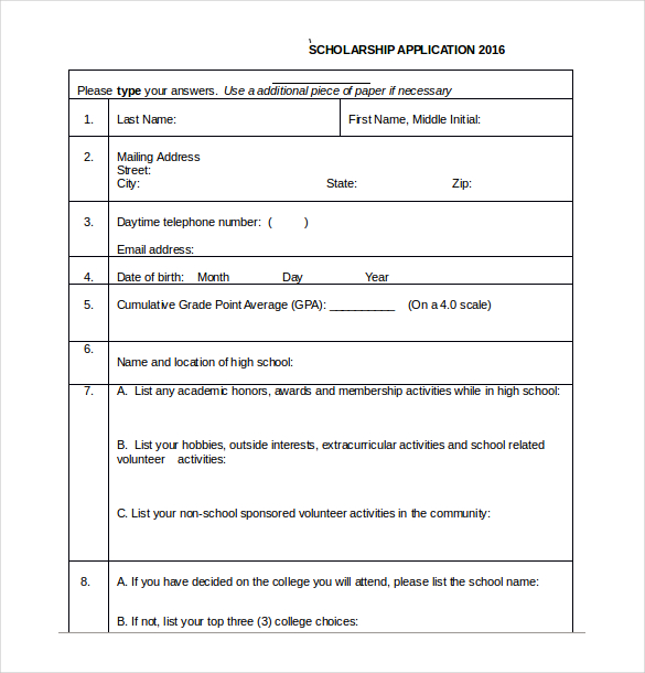 application sample form scholarship doc Free Scholarship  PDF,   DOC 13  Application Templates