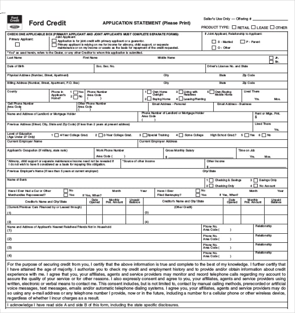 ford credit application statement pdf free download