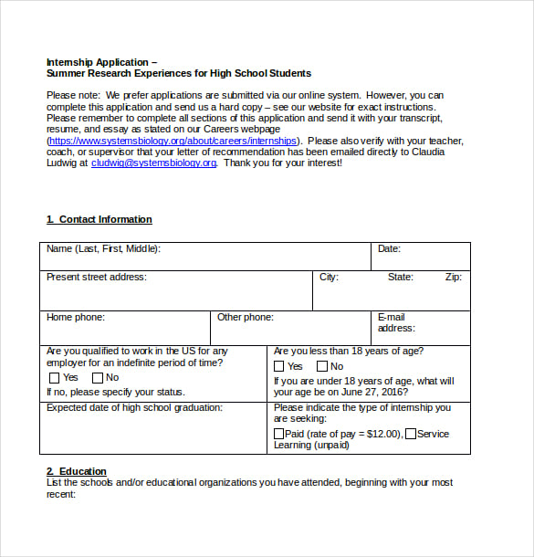 high school internshipnapplication form free download word document