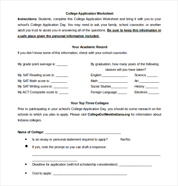 college application worksheet word document free download